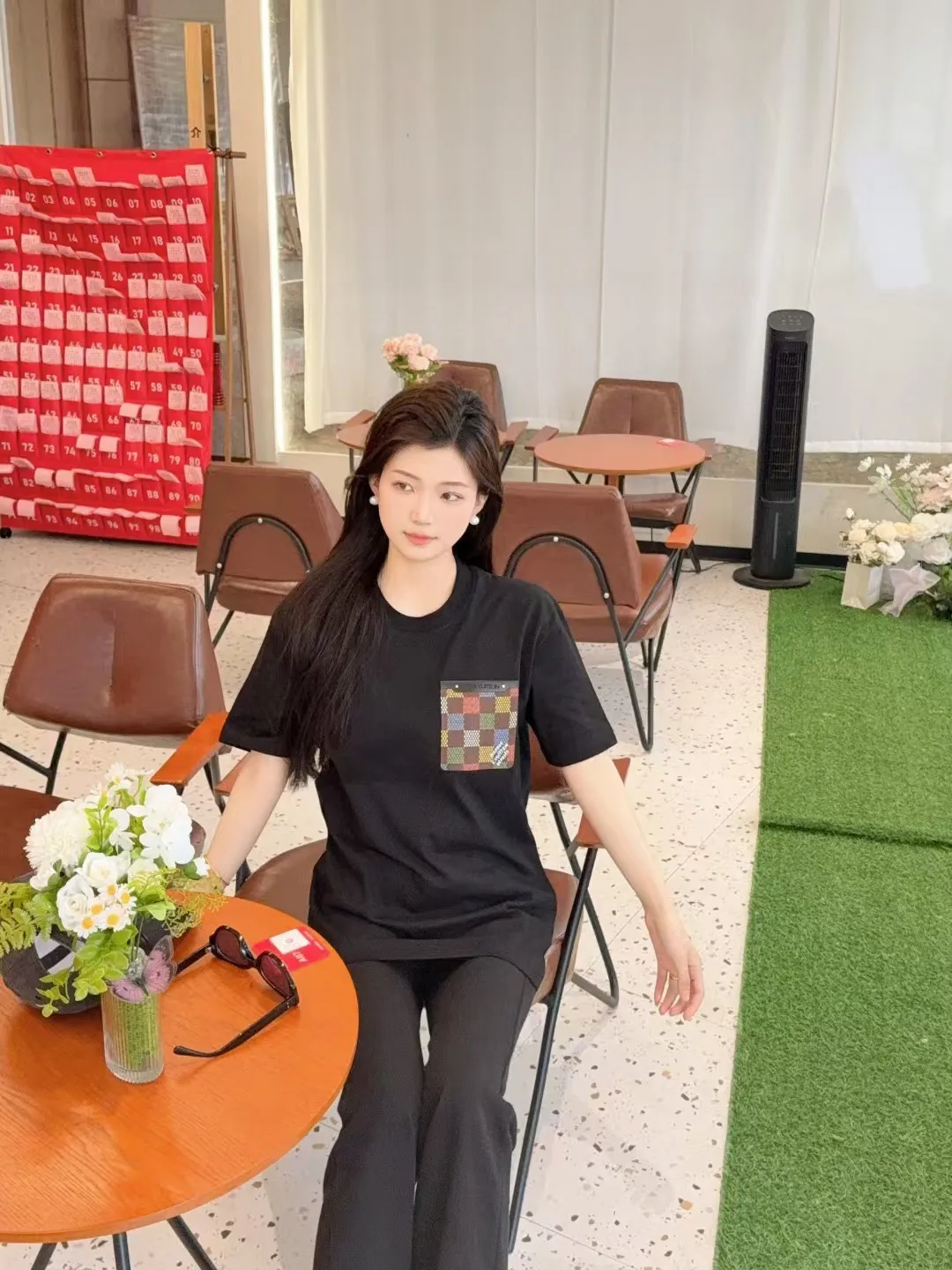 Louis Vuitton/Louis Vuitton 25ss checkerboard leather brand pocket short sleeves